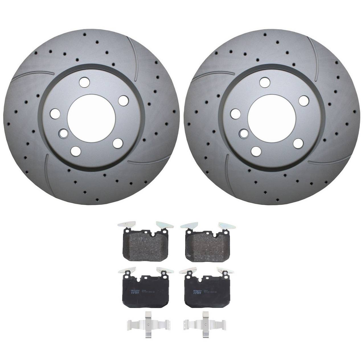 BMW Disc Brake Pad and Rotor Kit – Front (330mm) (Drilled) (Low-Metallic) – TRW Pro 34116792221