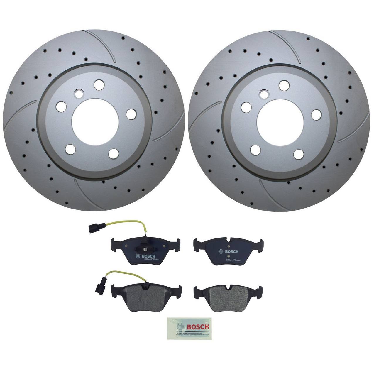 BMW Disc Brake Pad and Rotor Kit – Front (325mm) (Drilled) (Semi-Metallic) – Bosch QuietCast 34113400151