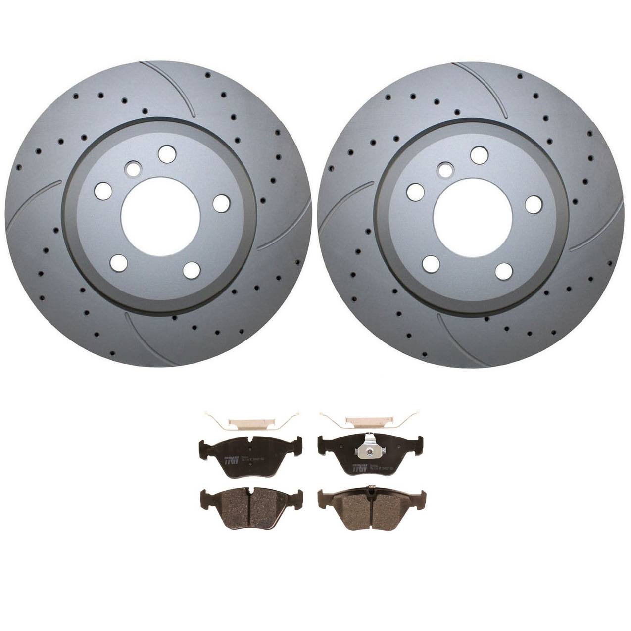 BMW Disc Brake Pad and Rotor Kit – Front (325mm) (Drilled) (Low-Metallic) – TRW Pro 34113400151