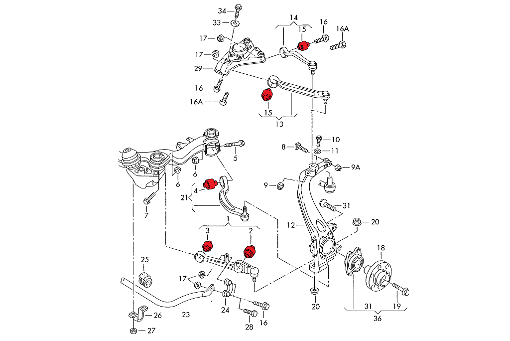 Full Front Polyurethane Wishbones Bushings  Kit - Audi - Track hardness