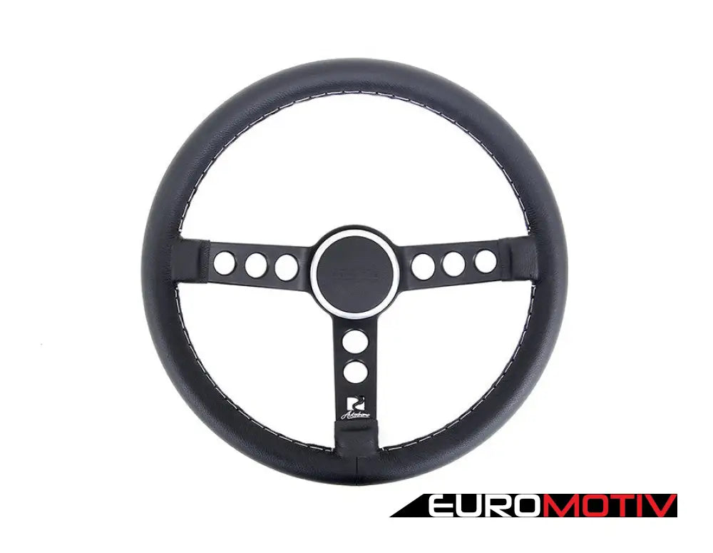 Rennline Leather Steering Wheel - Black Spokes & Silver Horn Ring