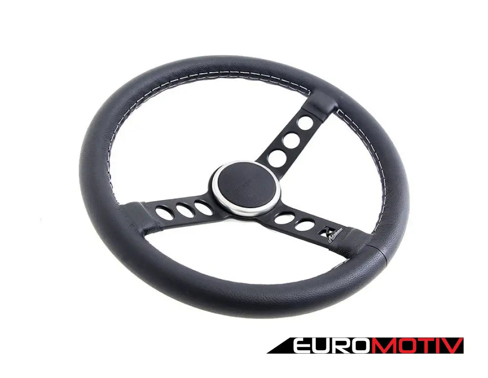 Rennline Leather Steering Wheel - Black Spokes & Silver Horn Ring