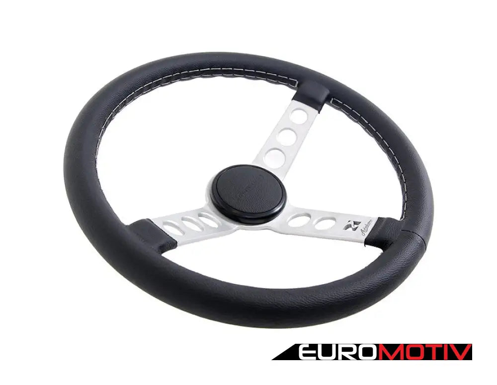 Rennline Leather Steering Wheel - Silver Spokes & Black Horn Ring