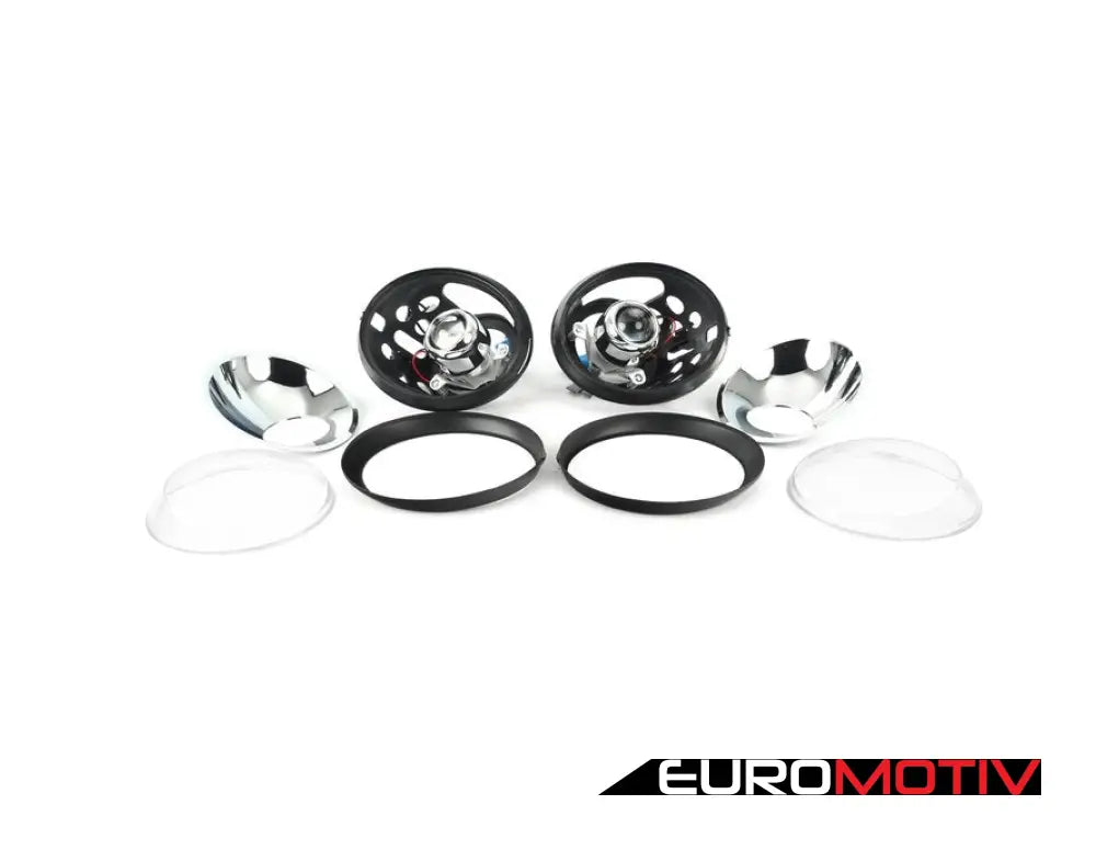 Rennline Led Headlight Conversion Set - Chrome Reflector Clear H4 Lens Black Trim Ring